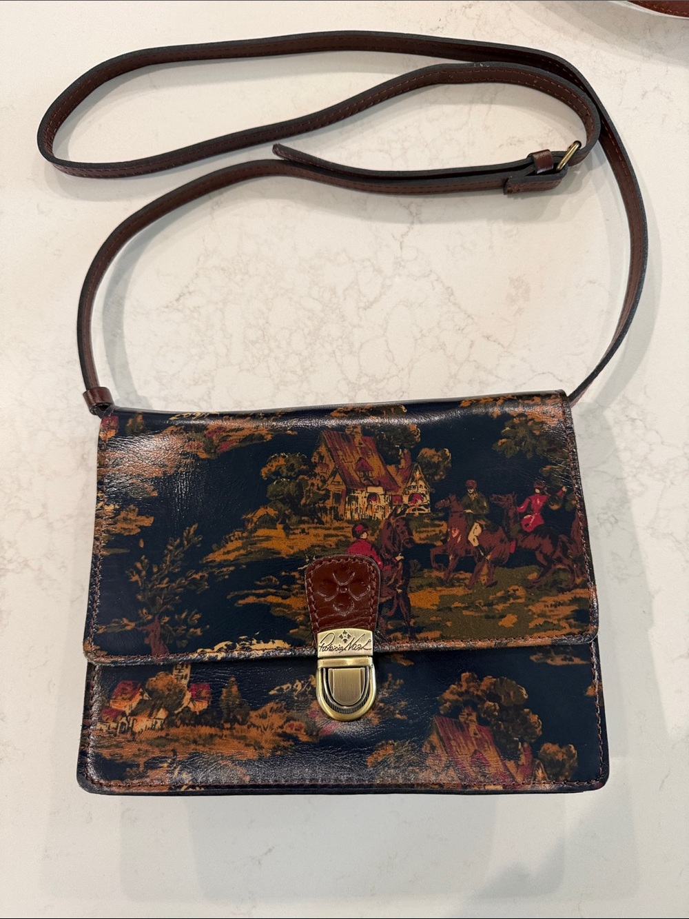 Patricia Nash Navy and Brown Scenic Printed Leather Crossbody